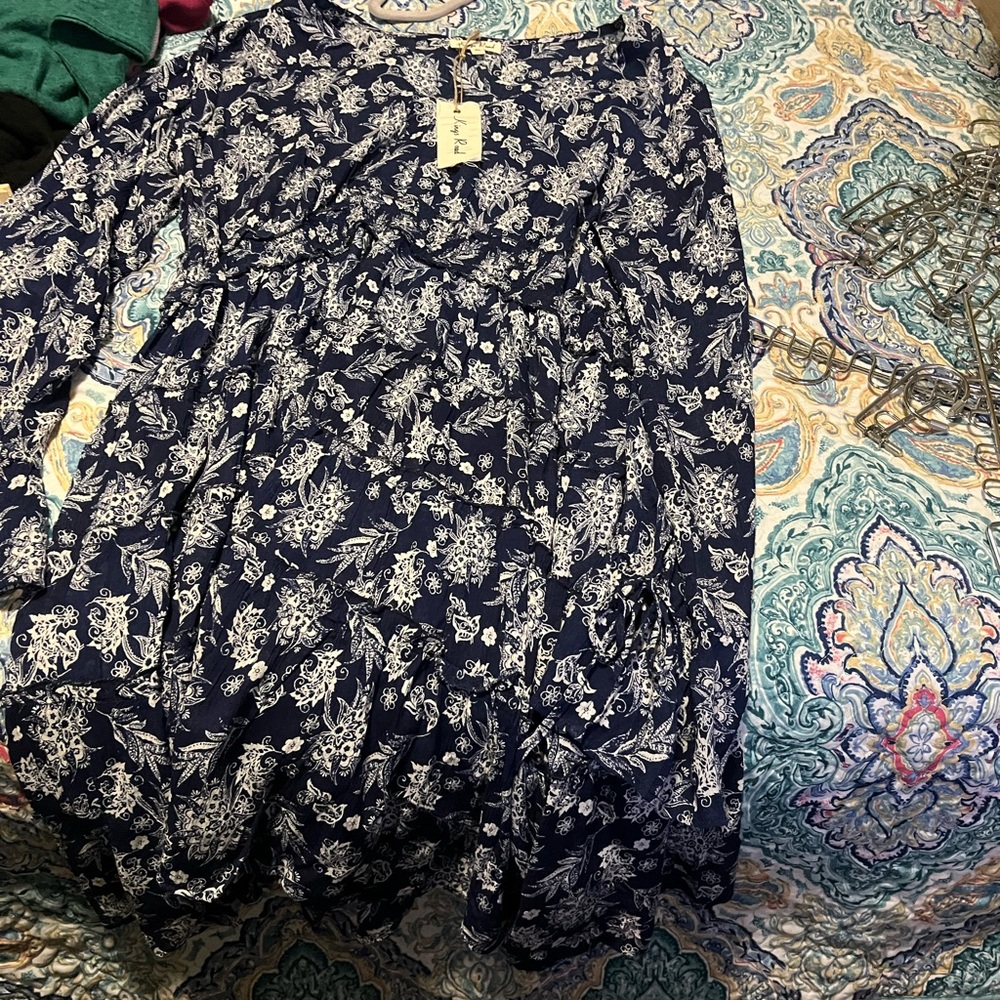 Blue and White Ruffled 3/4 Sleeve Tunic